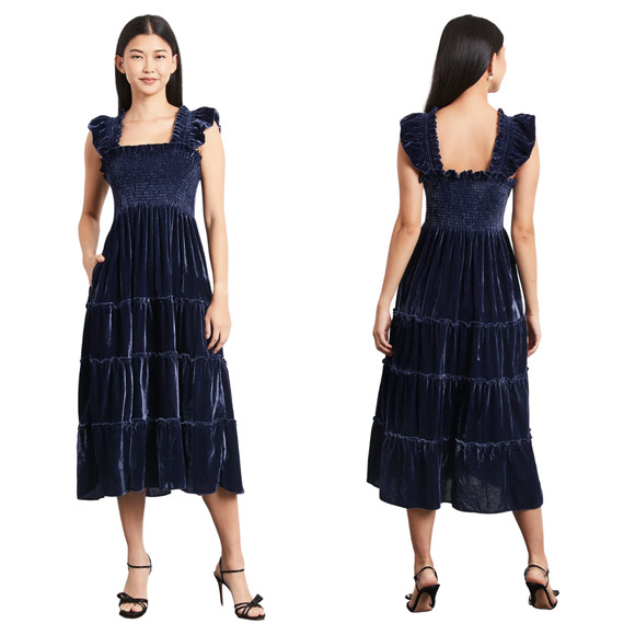 Hill House Dresses & Skirts - Hill House Dress Women Size XS Navy Blue Ellie Nap Velvet Midi Ruffle Pocket NWT